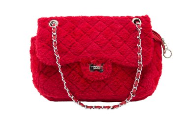 Kırmızı çantalı izole beyaz arka plan üzerinde