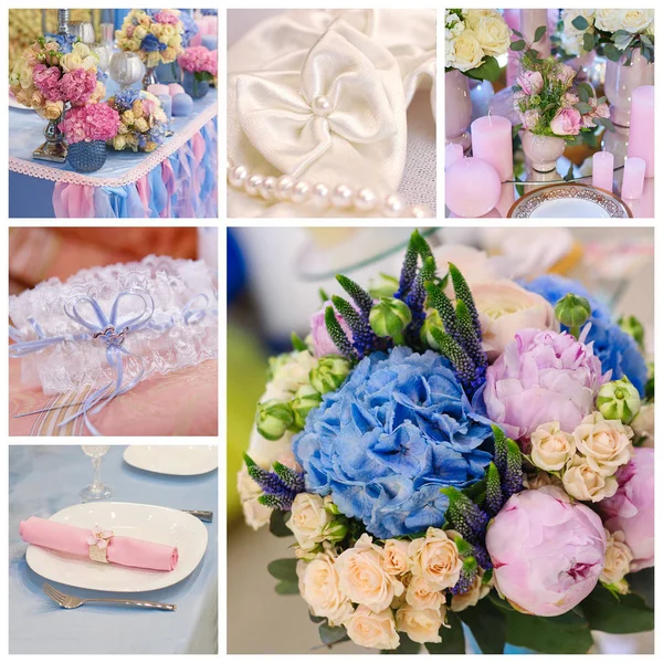 Collage de ramo hermoso y otros accesorios novia — Foto de Stock