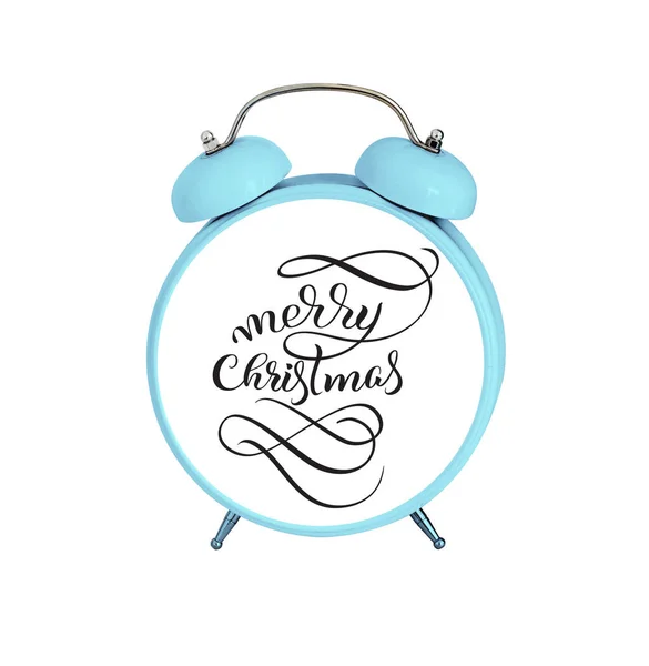 Μηχανικό ρολόι συναγερμών που απομονώνονται σε λευκό φόντο και το κείμενο καλά Χριστούγεννα. Καλλιγραφία γράμματα — Φωτογραφία Αρχείου