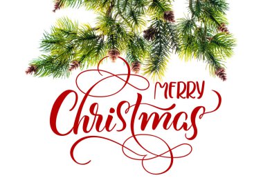 Beyaz arka plan ve metin mutlu Noeller kar köknar dallarında. Hat yazı