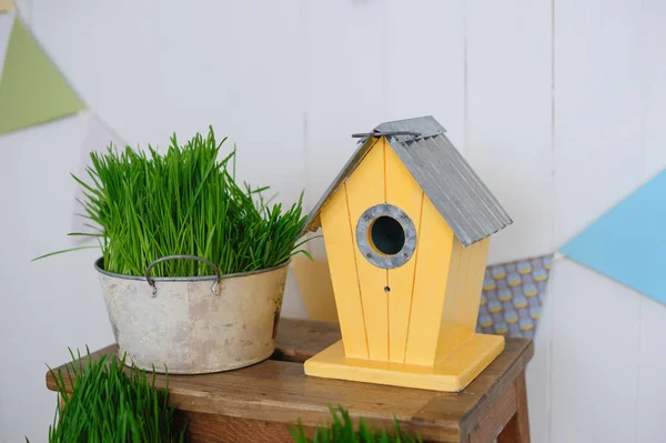 Ornamentale birdhouse ed erba verde — Foto Stock