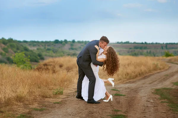 Lyckliga bruden och brudgummen promenader i ett fält i bröllopsdag — Stockfoto