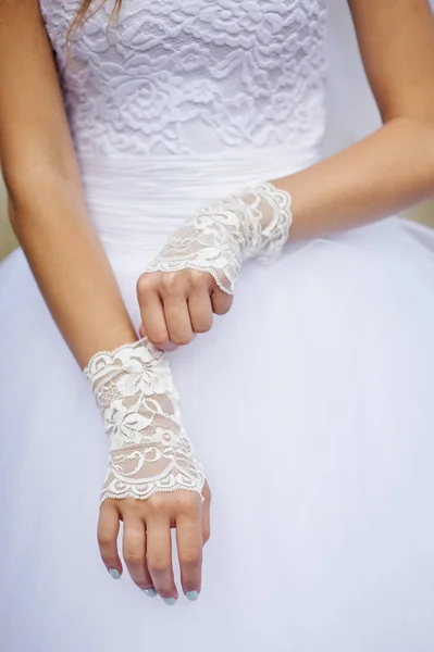 Bride in white dress with gloves — Stock Photo, Image