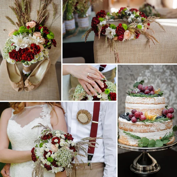 Collage de photos de mariage. Accessoires de décoration et bouquet — Photo