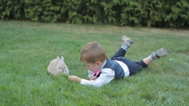 Felice età elementare bambino biondo sdraiato sull'erba al parco con un piccolo coniglietto — Video Stock