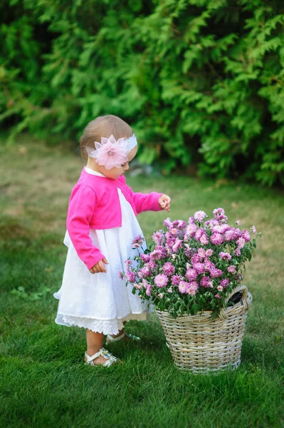 Bambina si trova vicino a un cesto di fiori — Foto Stock
