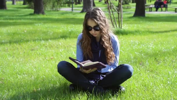 Beautiful young woman sitting in a summer park on the grass and reading a book of the Bible — Stock Video