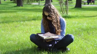 çimenlerin üzerinde bir yaz parkta oturan ve gönüllülük a kitap İncil'in güzel ve genç birbayan