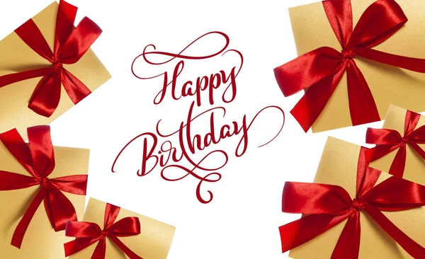 Background for greeting card boxes with red bow and text Happy Birthday. Calligraphy lettering — Stock Photo, Image