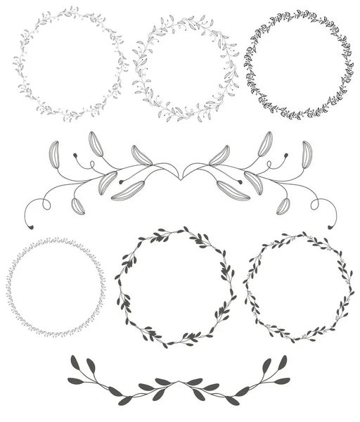 Ensemble de fleurs rondes vintage décoratives verticilles cadre feuilles isolées sur fond blanc. Illustration de calligraphie vectorielle EPS10 — Image vectorielle