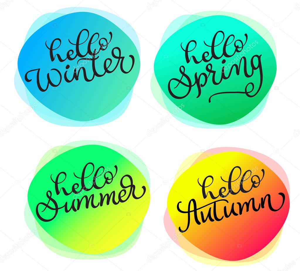 Set of greeting cards For all seasons Hello summer spring autumn winter. Cards with watercolor round texture