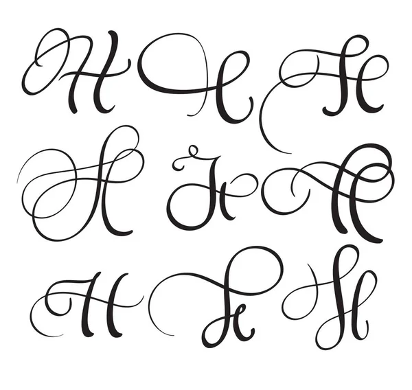 Conjunto de arte caligrafía letra H con florecimiento de verticilos decorativos vintage. Ilustración vectorial EPS10 — Archivo Imágenes Vectoriales