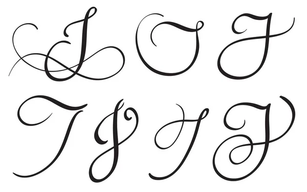Conjunto de arte caligrafía letra J con florecimiento de verticilos decorativos vintage. Ilustración vectorial EPS10 — Archivo Imágenes Vectoriales