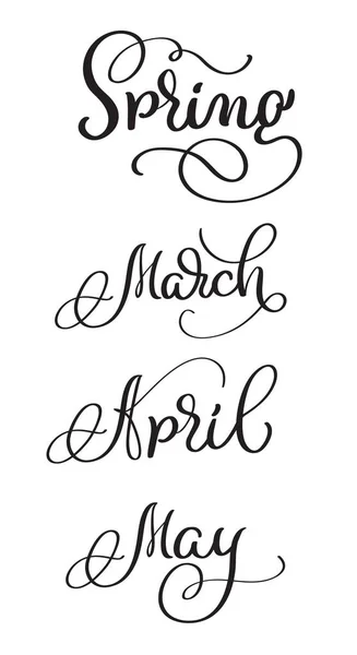 Printemps Mois mars avril mai mots sur fond blanc. Illustration vectorielle Calligraphie vintage dessinée à la main EPS10 — Image vectorielle