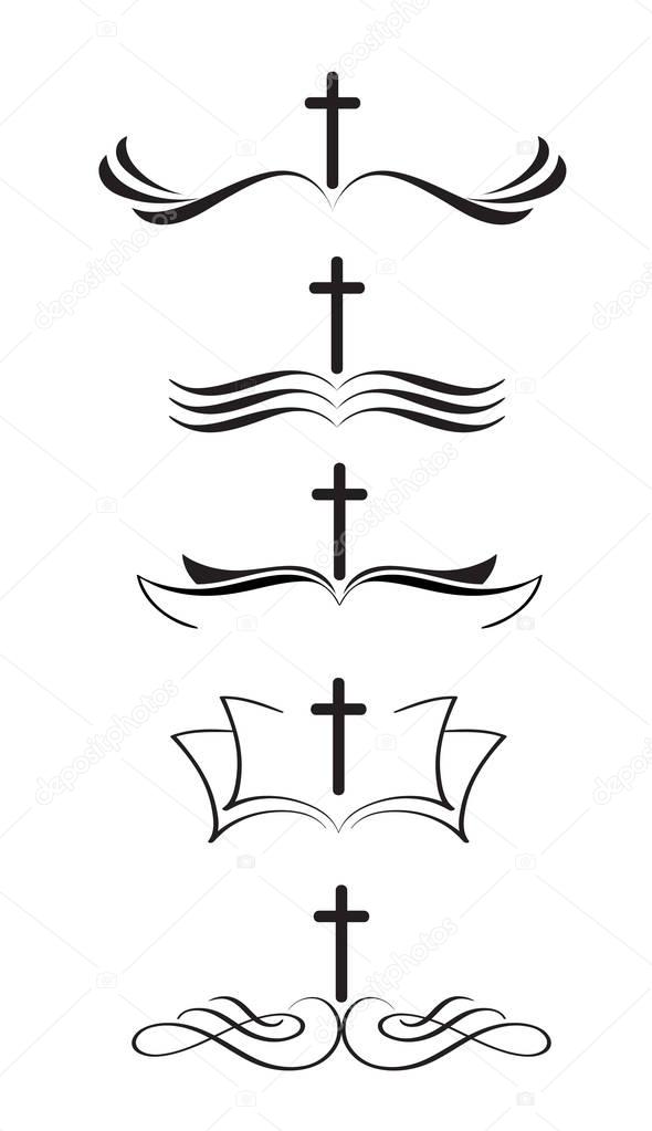Set of christian logos cross and bible. stylized Hand drawn vintage Calligraphy lettering Vector illustration EPS10