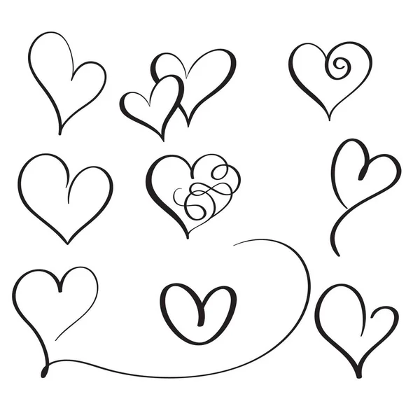 Set bloeien kalligrafie vintage harten. Illustratie vector hand getekend EPS-10 — Stockvector