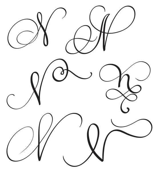 Conjunto de arte caligrafia letra N com florescer de cornetas decorativas vintage. Ilustração vetorial EPS10 —  Vetores de Stock