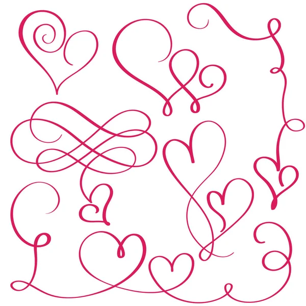 Set bloeien kalligrafie vintage harten. Illustratie vector hand getekend EPS-10 — Stockvector