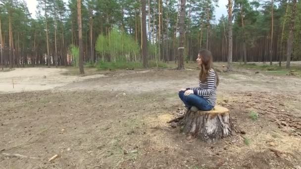 Hermosa mujer joven se sienta en un tocón en un parque de pinos de verano — Vídeo de stock