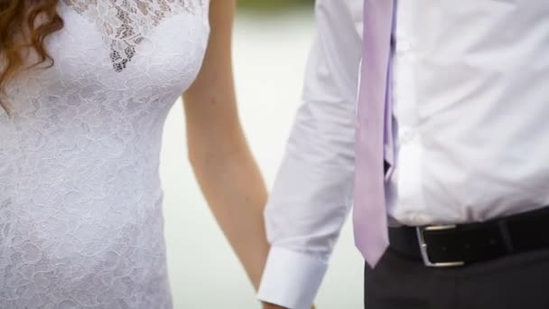 Невеста и жених держатся за руки на свадебной прогулке — стоковое видео