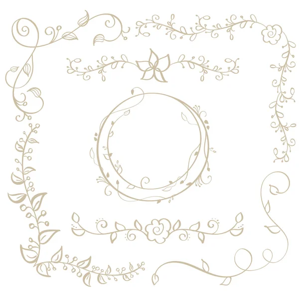 Круглая рамка и декоративные винтажные уголки с изолированными на заднем плане листьями. Векторная каллиграфия EPS10 — стоковый вектор
