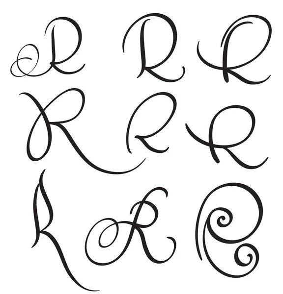 Sada umění kaligrafie písmeno R s rozmachem vintage ozdobnými spirálkami. Vektorové ilustrace Eps10 — Stockový vektor