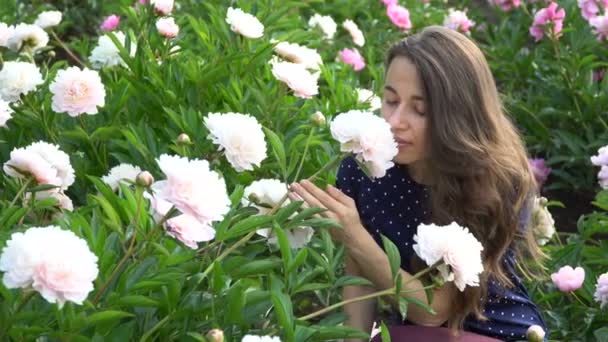 Schöne Frau, die eine weiße Pfingstrose im Sommergarten riecht — Stockvideo