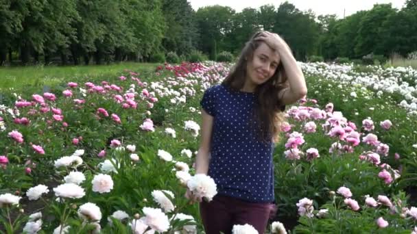 Красивая молодая женщина гуляет по летнему полю пионов — стоковое видео