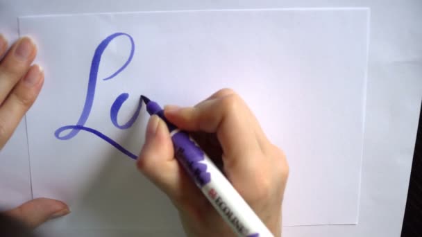 Woorden liefdesverhaal met blauwe inkt borstel kalligrafie en belettering — Stockvideo