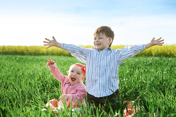Little children boy and girl play on green grass Royalty Free Stock Photos