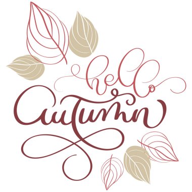 Merhaba sonbahar metin ve beyaz arka plan yapraklarda. Vektör çizim Eps10 yazı elle çizilmiş hat