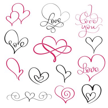 güzelleşmek hat vintage kalpleri ve bazı aşk sözle kümesi. Eps 10 illüstrasyon vektör el çekilmiş