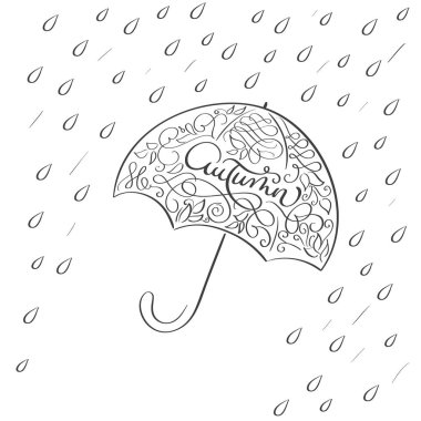 vintage illüstrasyon şemsiye yağmur ile sonbahar Word'de beyaz arka plan üzerinde. Vektör çizim Eps10 yazı elle çizilmiş hat