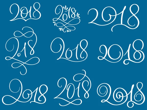 Set van 2018 op blauwe achtergrond. Hand getrokken kalligrafie belettering vectorillustratie Eps10 — Stockvector