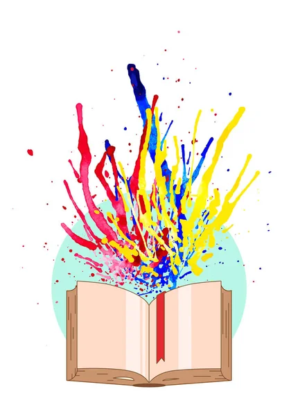 Spruzzi di acquerello multicolore volare fuori dal libro. Idea concettuale di nuova conoscenza vivida. Illustrazione vettoriale EPS10 — Vettoriale Stock