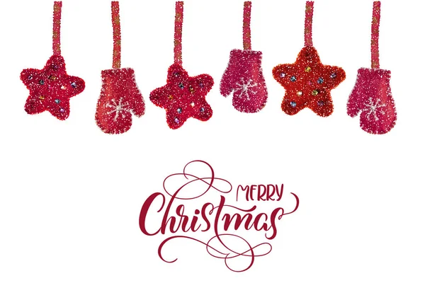 Juguetes rojos de Navidad estrellas y mitones fondo no blanco y texto Feliz Navidad. Letras dibujadas a mano Ilustración vectorial EPS10 — Vector de stock