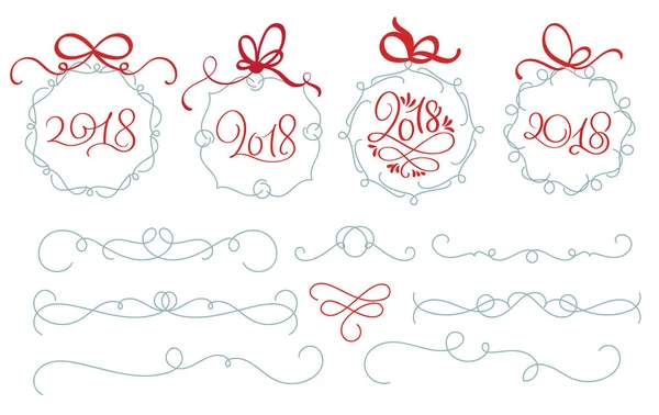 Ensemble de balises de vacances du Nouvel An avec 2018 et Calligraphie décorative fleurissent art avec des verticilles vintage pour le design. Illustration vectorielle EPS10 — Image vectorielle