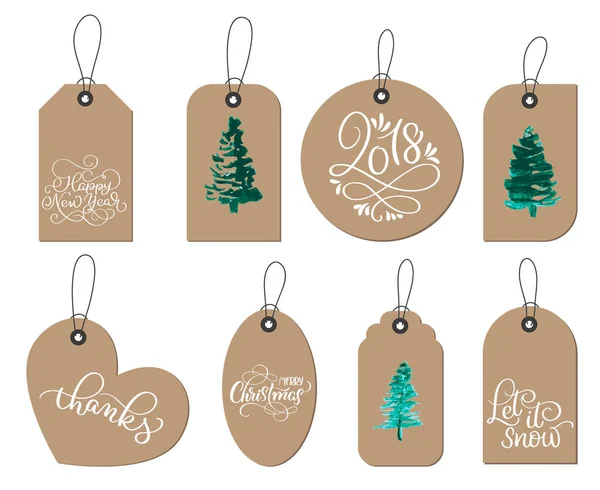 Collection of kraft paper christmas gift tags. Calligraphy lettering hand made text. Vector illustration EPS10 — Stock Vector
