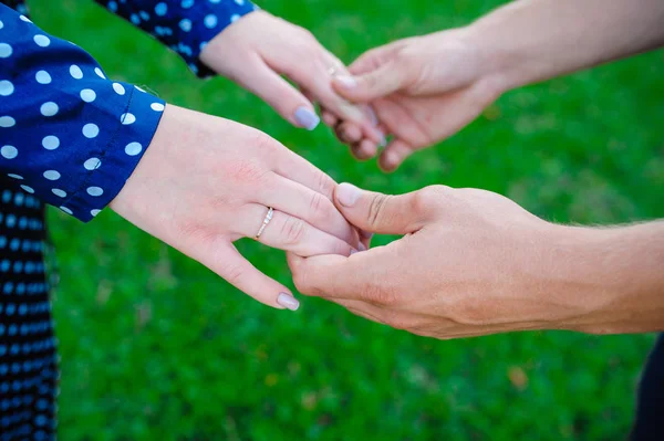 Two pairs of hands in love tenderly hold together on green grass background — Stock Photo, Image