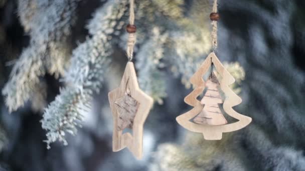 Дерев'яні різдвяні іграшки на засніженій гілці ялиці в зимовому парку — стокове відео