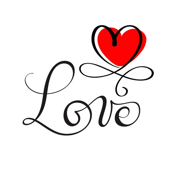 LOVE letras originales a medida, caligrafía hecha a mano, elemento de diseño del corazón rojo florecer — Vector de stock