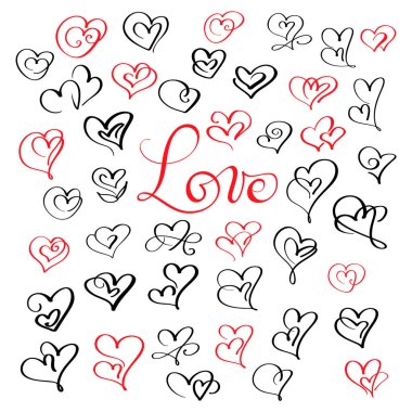 kelime aşk ile güzelleşmek hat vintage kalpler kümesi. Düğün ve Sevgililer illüstrasyon vektör el Eps 10 çizilmiş