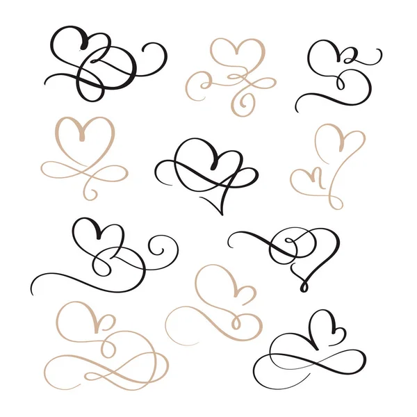 Conjunto de florecer caligrafía corazones vintage. Ilustración vector dibujado a mano EPS 10 — Archivo Imágenes Vectoriales