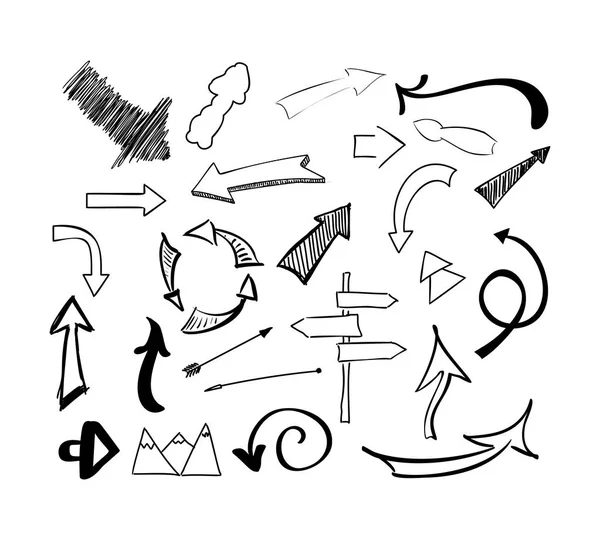 Elle çizilmiş kroki doodle okları set vektör. Beyaz arka plan üzerinde izole illüstrasyon. — Stok Vektör