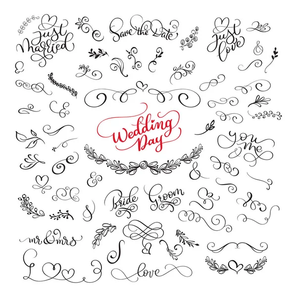 Conjunto de letras manuscritas caligrafía citas positivas sobre el amor y la boda y el día de San Valentín. diseño romántico, cepillo ilustración vector moderno — Vector de stock