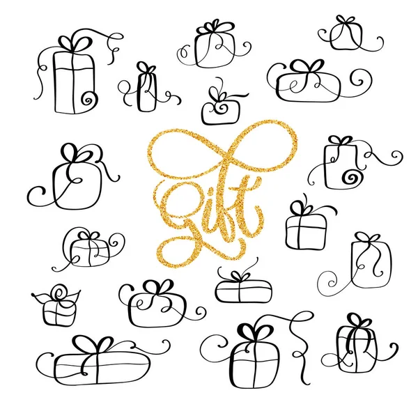 Conjunto de vector negro vintage doodle icono de regalo sobre fondo blanco y caligrafía palabra de letras regalo — Vector de stock