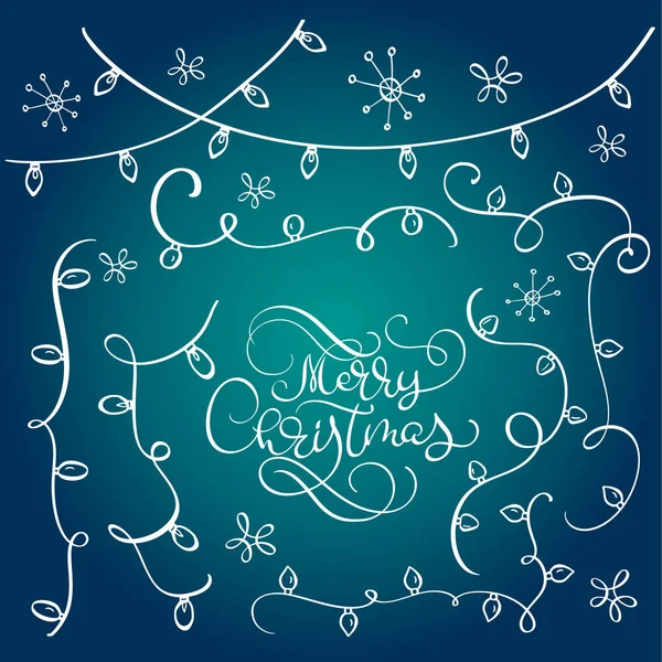 Σετ vintage άνθηση doodle στεφάνια, Χριστουγεννιάτικες διακοσμήσεις τα φώτα αποτελέσματα. διανυσματικά στοιχεία σχεδίασης. Λαμπερό φώτα για το σχεδιασμό διακοπές Χριστούγεννα ευχετήρια κάρτα. Χαρούμενα Χριστούγεννα καλλιγραφία γράμματα κείμενο — Διανυσματικό Αρχείο