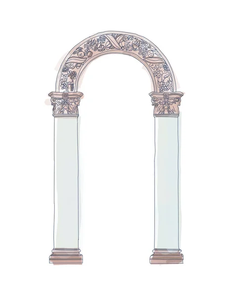 Colonne corinzie ioniche dell'arco doodle greco stilizzato. Illustrazione vettoriale. Supporto architettonico classico su sfondo bianco — Vettoriale Stock