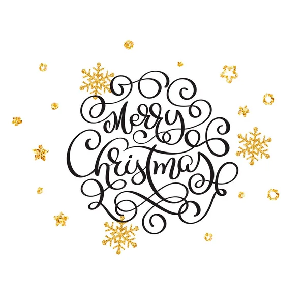 Merry Christmas vektor texten kalligrafiska bokstäver design bakgrund av gyllene snöflingor. Kreativ typografi för Holiday hälsning gåva affisch. Kalligrafi teckensnitt Banner — Stock vektor