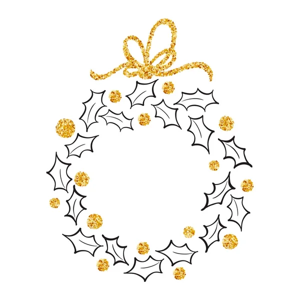 Round frame of Doodle Christmas wreath ilex with gold bow — Stock Vector